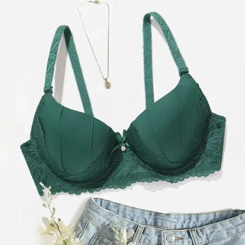Hand Shap Foam Pad Bra Push Up Solid Color Floral Lace Bras for Women Underwire Brassiere 75B 80B 85B - Green / 85B