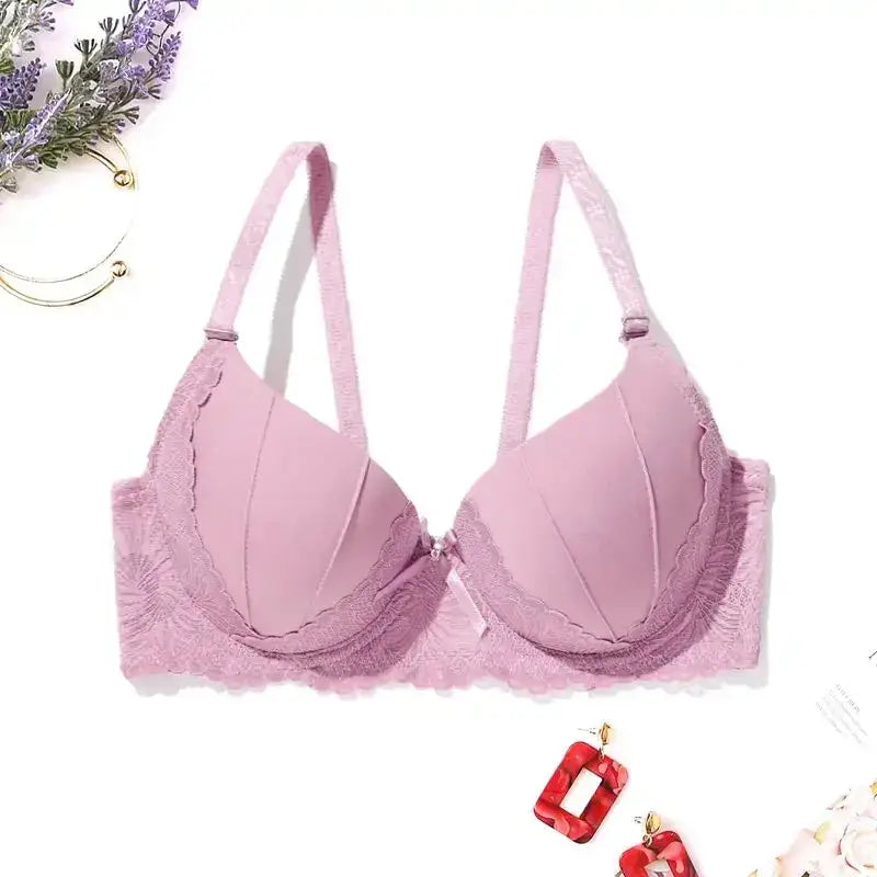Hand Shap Foam Pad Bra Push Up Solid Color Floral Lace Bras for Women Underwire Brassiere 75B 80B 85B - LightPink / 80B