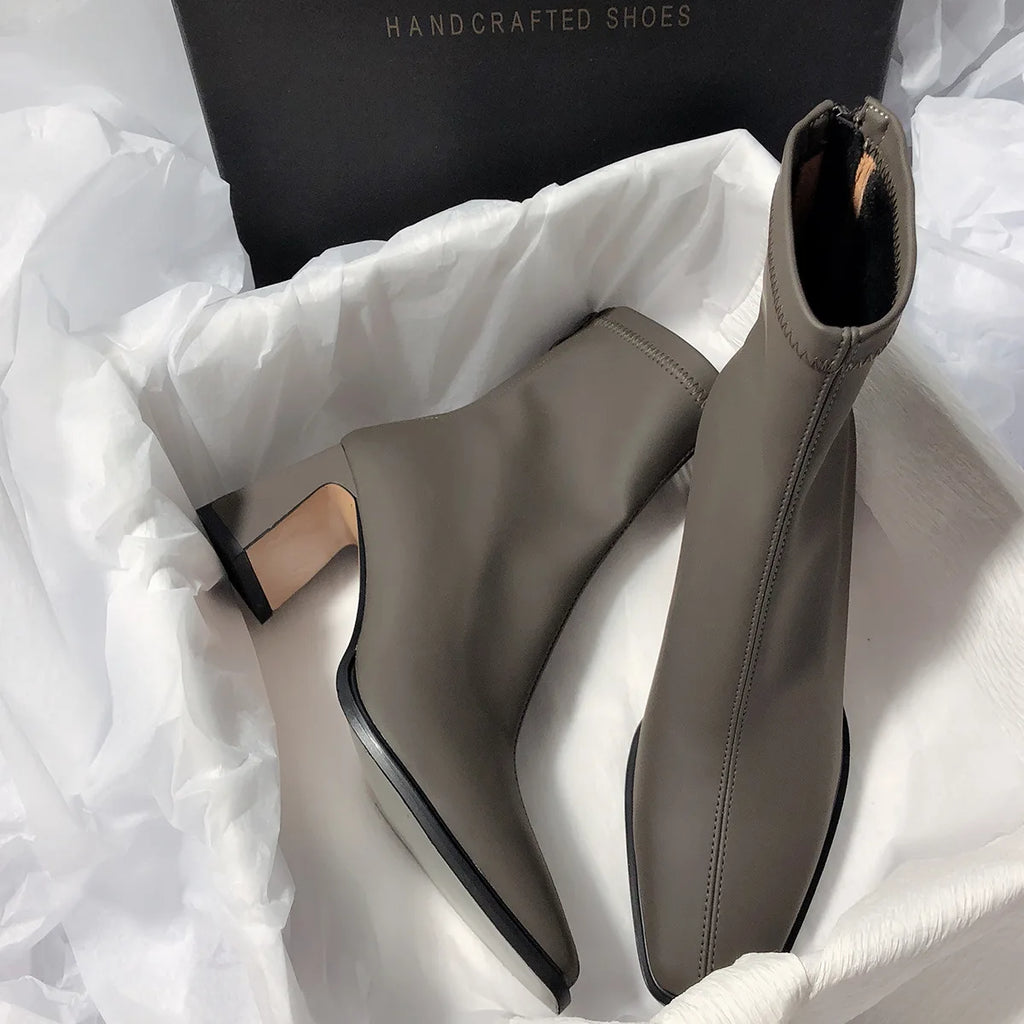 Gray fashion boots with back zipper and block heels from The Lady's Haven Boutique