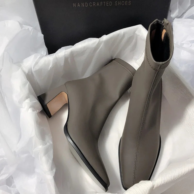 The Lady's Haven Boutique fashion boots with back zipper in taupe with block heels and sleek design