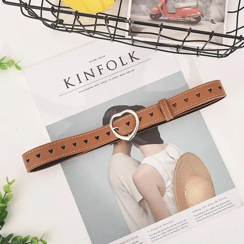 Tan Heart Buckle Waist Belt with Heart Cutouts for Stylish Outfit Accessories