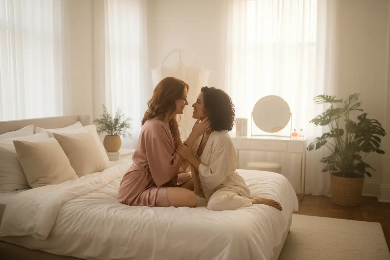 hero image for boutique store that supports lgbtq. maybe do two women in the bedroom, in love to show what the store is all about