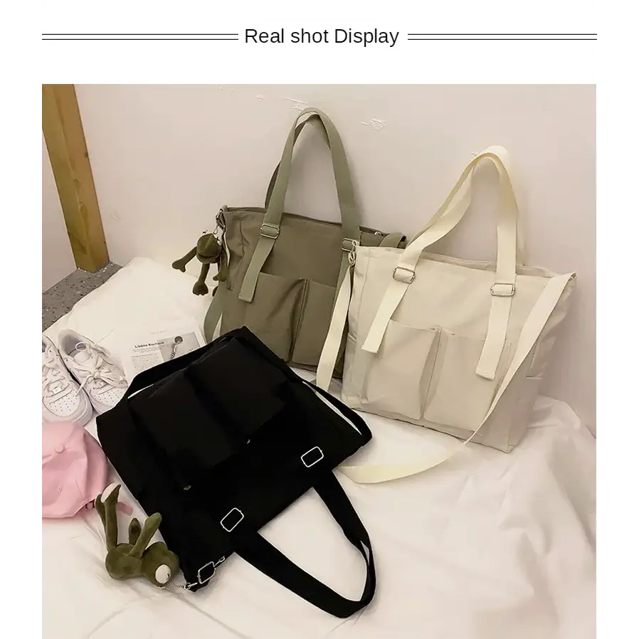 High capacity waterproof nylon handbags in three colors: black, beige, and green for stylish everyday use