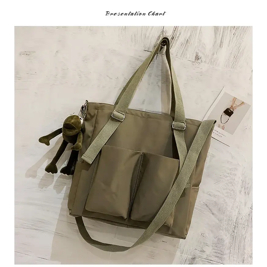 High capacity waterproof nylon handbags in olive green with adjustable straps and multiple pockets