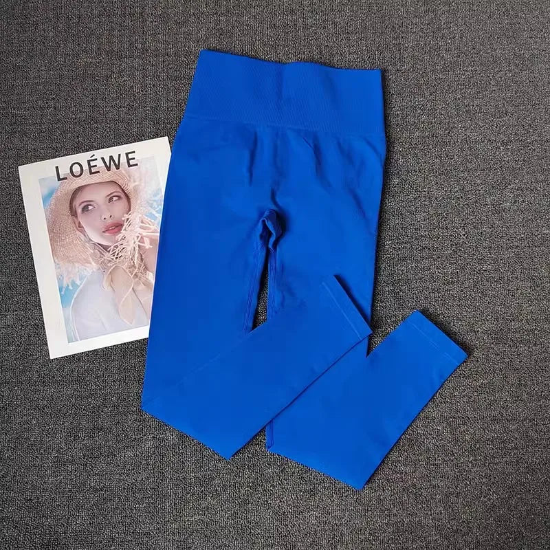 High elastic running leggings women in vibrant blue color, perfect for workouts and yoga sessions