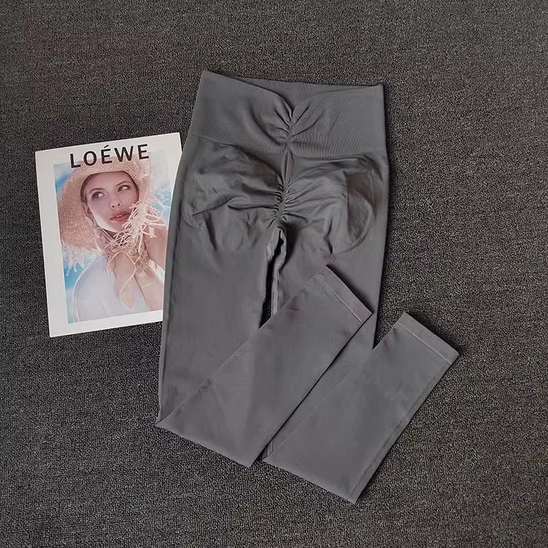 High elastic running leggings women in gray with a stylish ruched design for comfort and flexibility
