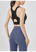 High impact sports bra for women in black with a stylish racerback design and comfortable fit