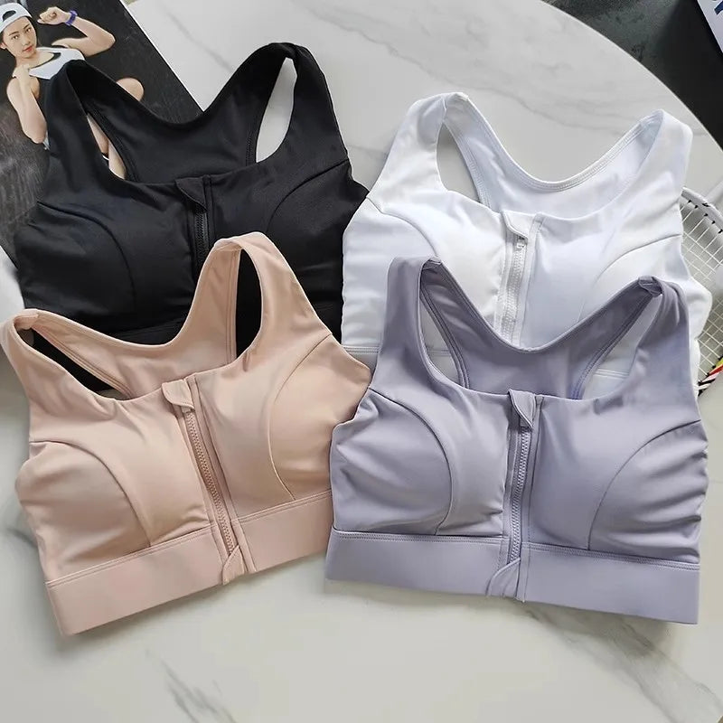 High impact sports bra for women in four colors: black, white, pink, and lavender for active wear
