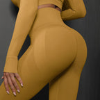 High waist seamless yoga leggings in mustard color designed for comfort and flexibility during workouts