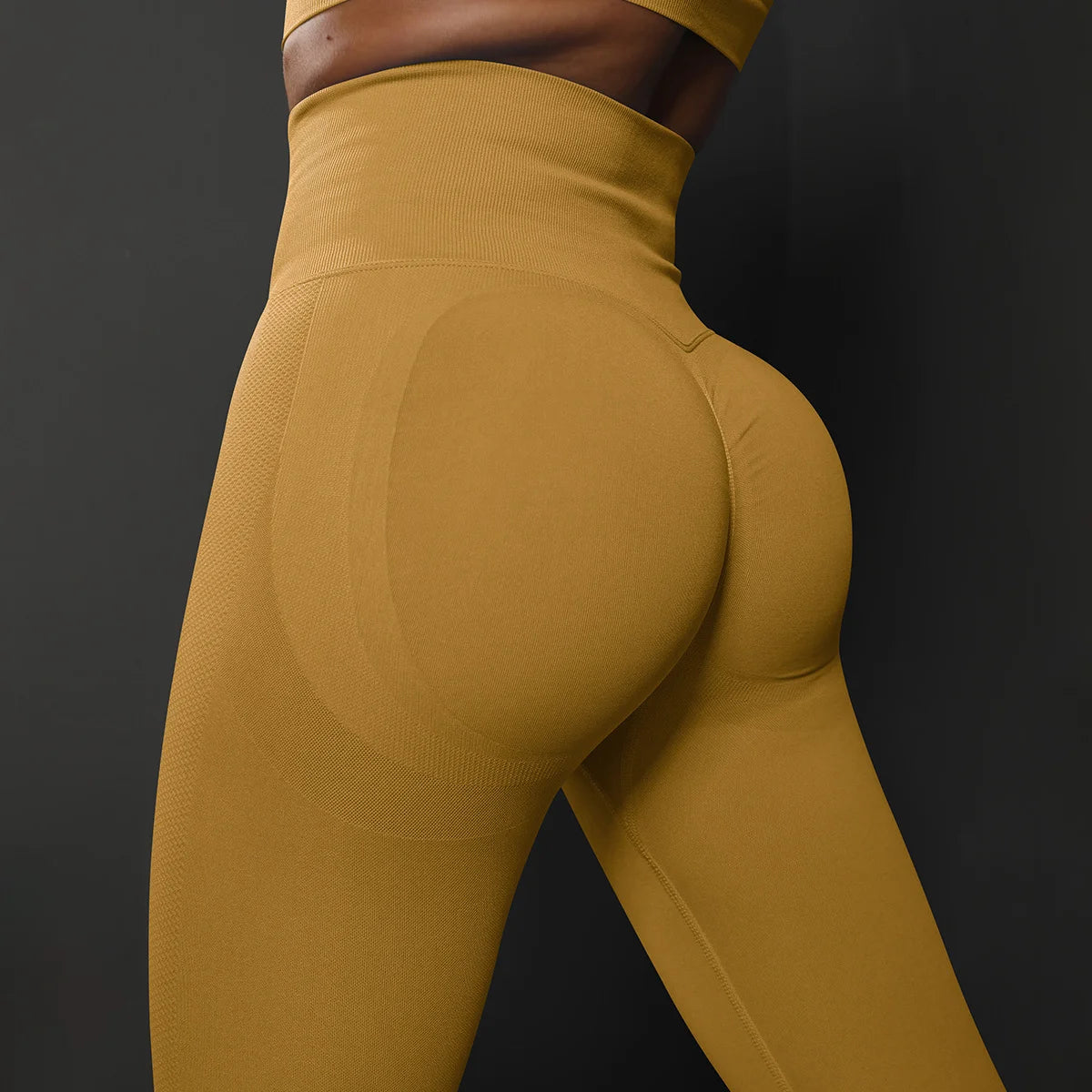 High waist seamless yoga leggings in mustard yellow with a flattering fit for comfort and style