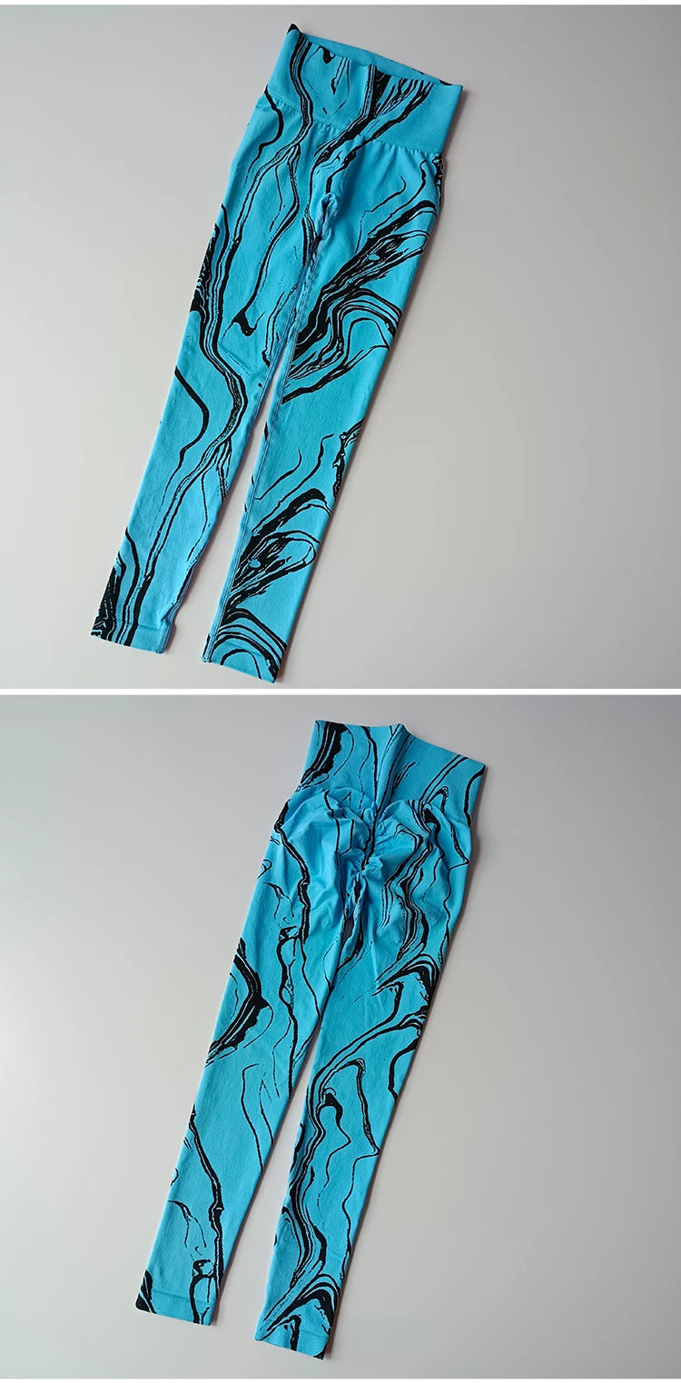 High waisted printed leggings in blue with black marble pattern for stylish and comfortable wear