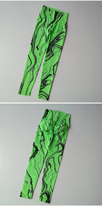 High waisted printed leggings in vibrant green marble pattern for stylish and comfortable outfits