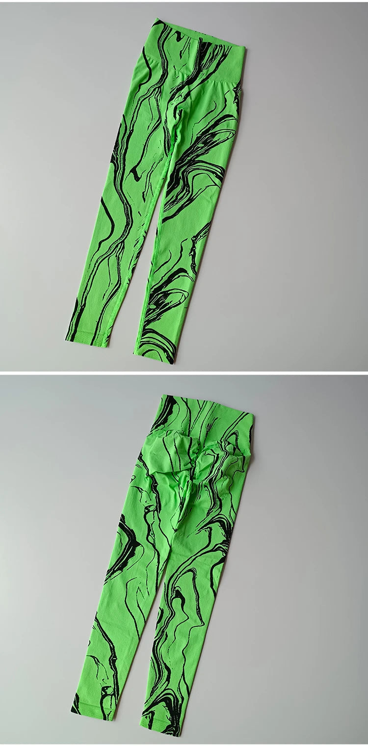 High waisted printed leggings in vibrant green marble pattern for stylish and comfortable outfits