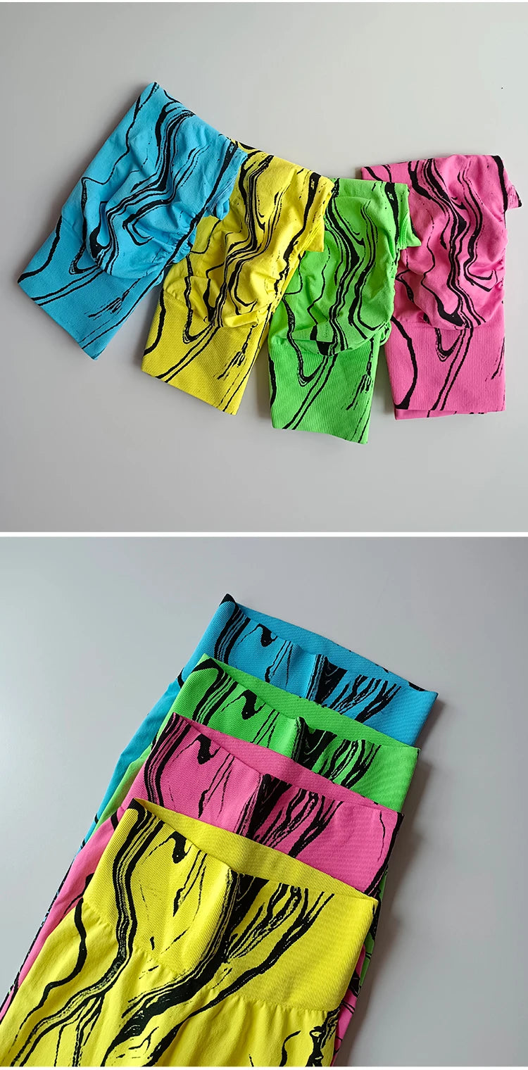 Colorful high waisted printed leggings in blue, green, pink, and yellow styles for stylish comfort