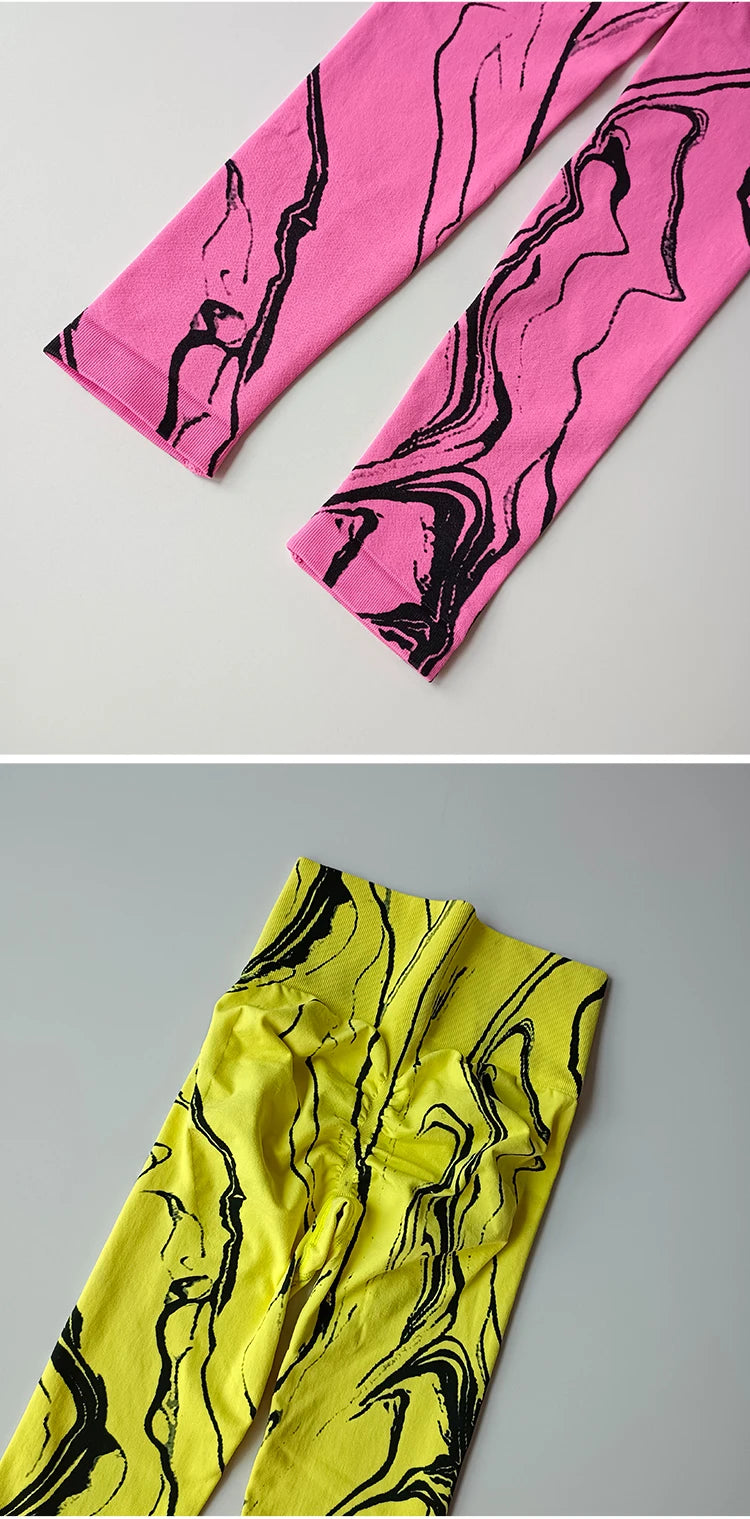 High waisted printed leggings in pink and yellow marble patterns for stylish comfort