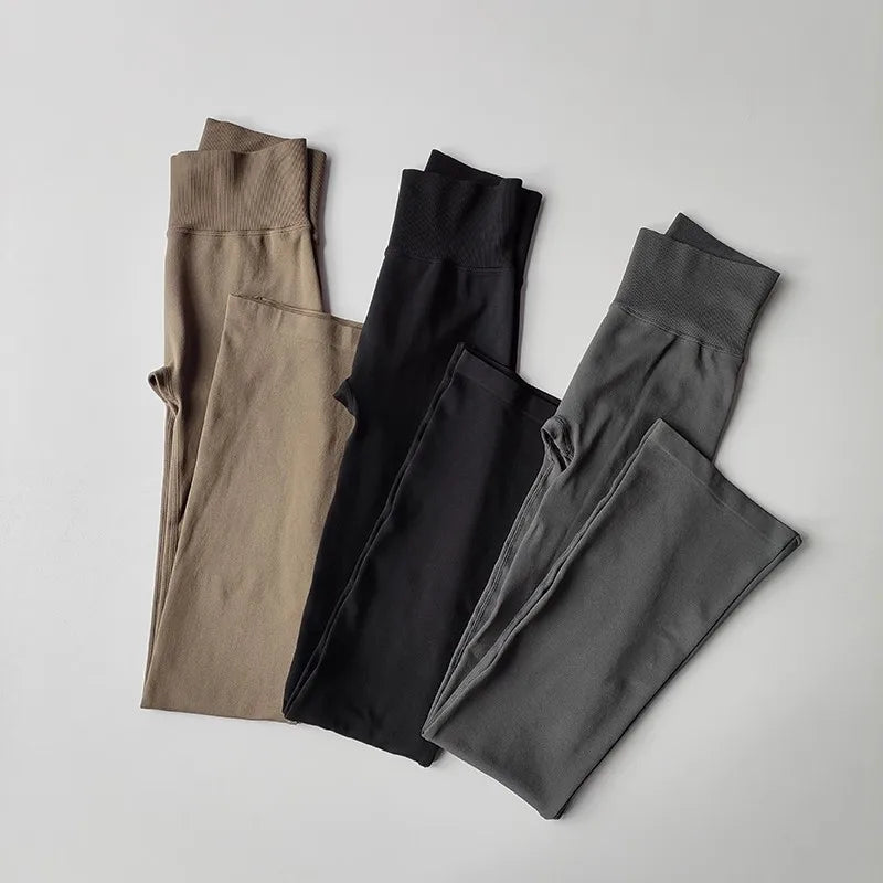 High waisted yoga pants bell-bottoms in beige, black, and gray from The Lady's Haven Boutique