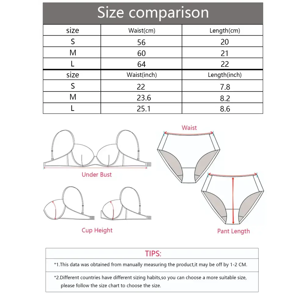 Size chart and measurements for hip lifting seamless panties for women including waist and length in cm and inches