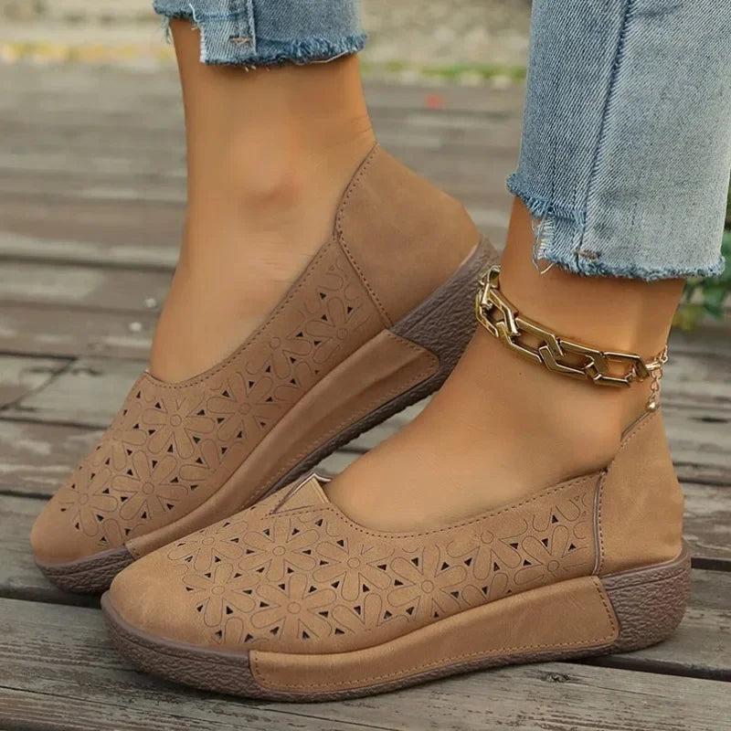Beige hollow out casual shoes for ladies with comfortable soles and floral cutout design