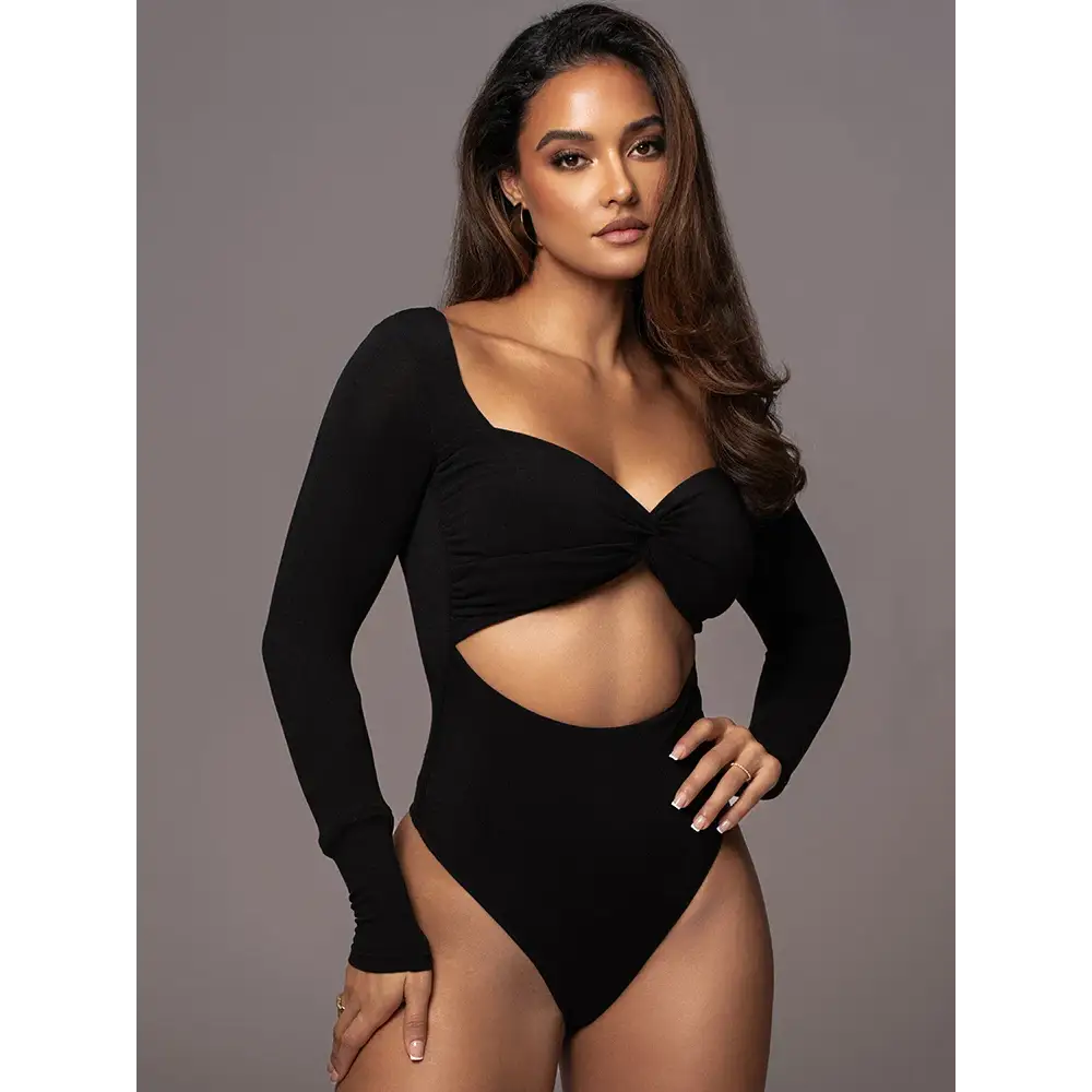 Mozision Hollow Out Long Sleeve Sexy Bodysuit For Women Tops Winter New Square Collar Strapless Skinny Partyl Sexy