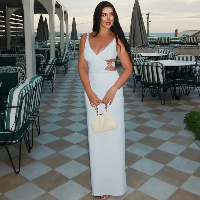 Mozision Hollow Out Backless Sexy Maxi Dress Women Gown Fashion Metal Flower V Neck Sleeveless Bodycon Club Party Long