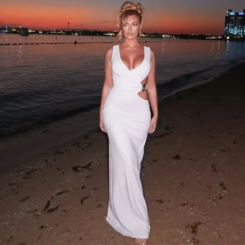 Mozision Hollow Out Backless Sexy Maxi Dress Women Gown Fashion Metal Flower V Neck Sleeveless Bodycon Club Party Long