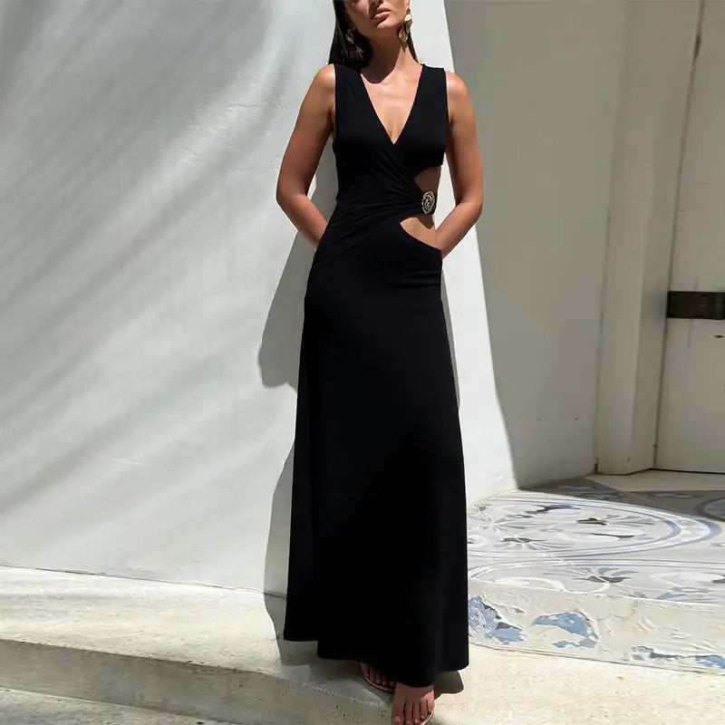Mozision Hollow Out Backless Sexy Maxi Dress Women Gown Fashion Metal Flower V Neck Sleeveless Bodycon Club Party Long