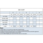 Size chart for sleeveless satin formal dress showing bust, length, and measurements in cm and inches from XS to XL