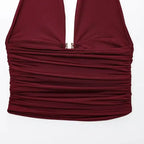 Burgundy pleated off shoulder crop top with ruched detailing and front clasp closure