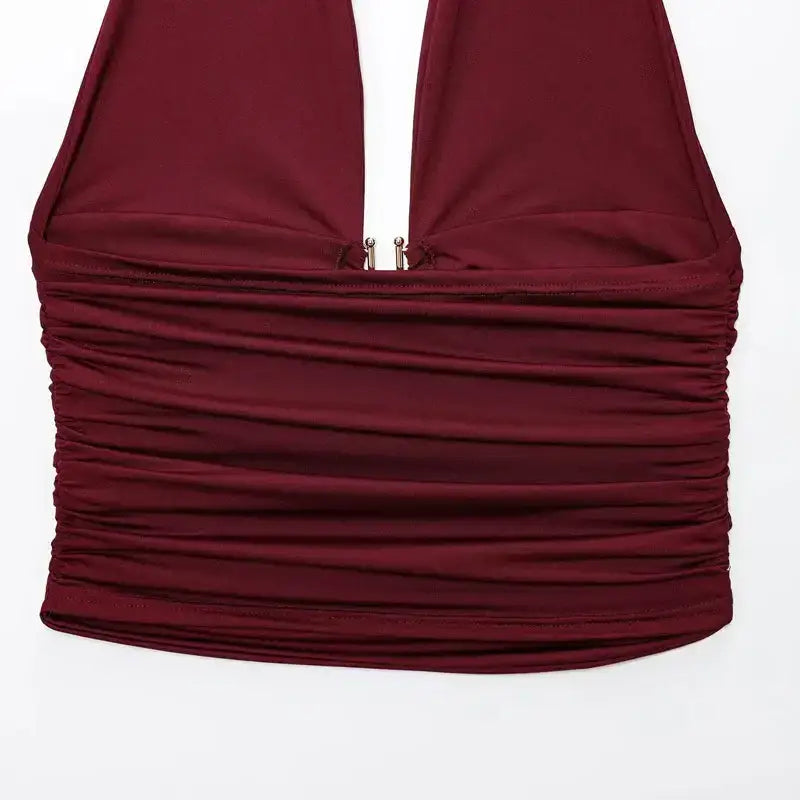 Burgundy pleated off shoulder crop top with ruched detailing and front clasp closure