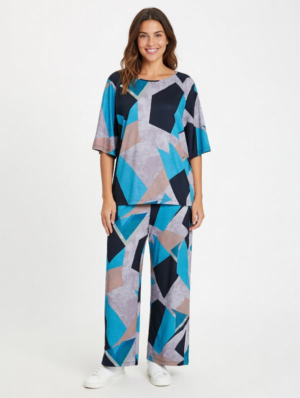 Blue Geometric Print Two-Piece Set – Plus Size Short-Sleeve Top & Wide-Leg Pants