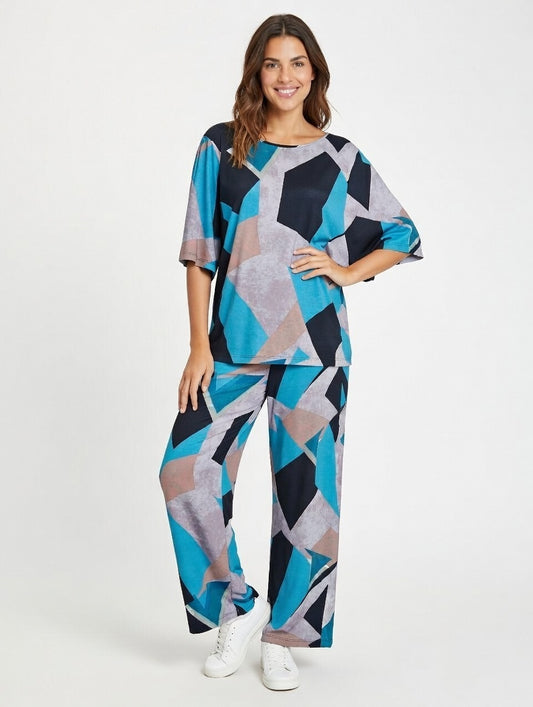 Blue Geometric Print Two-Piece Set – Plus Size Short-Sleeve Top & Wide-Leg Pants