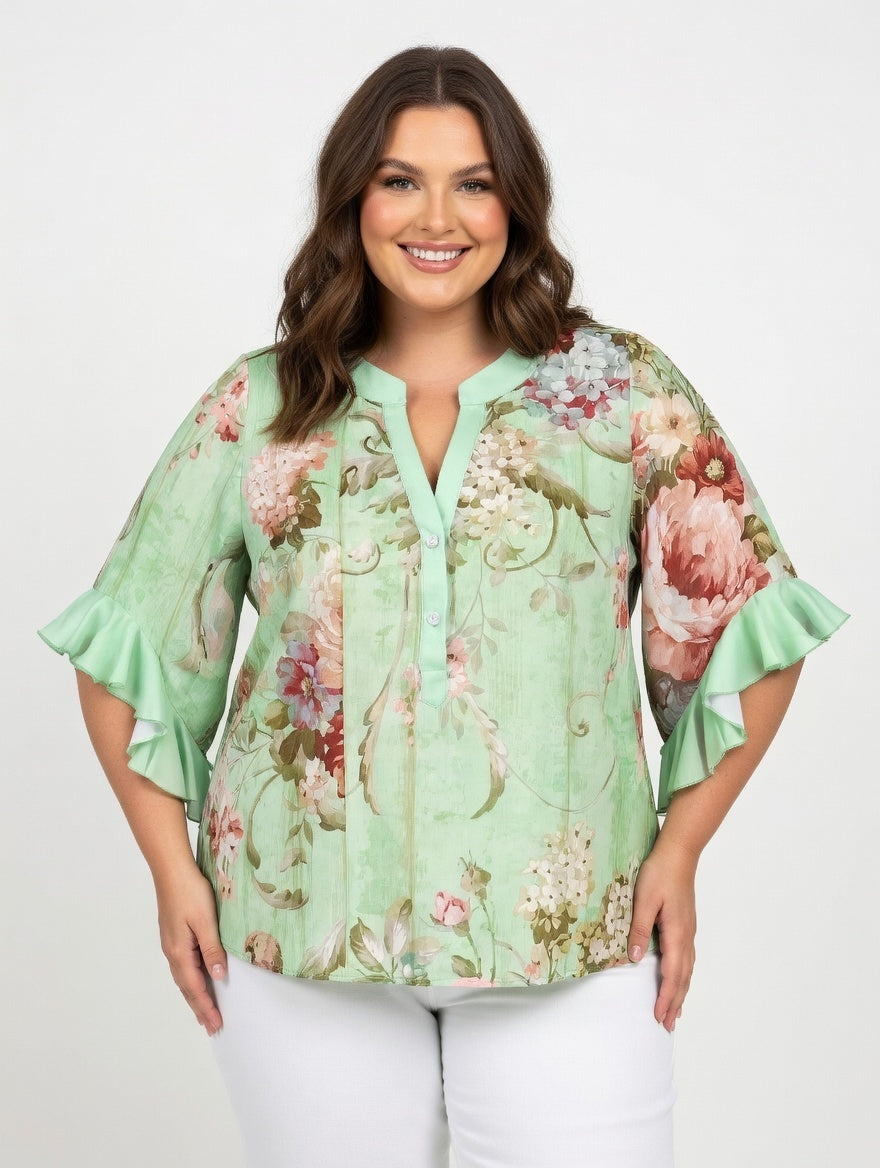 Mint Floral Chiffon Blouse – Plus Size Ruffled Sleeve V-Neck Top