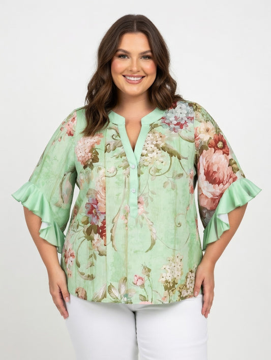 Mint Floral Chiffon Blouse – Plus Size Ruffled Sleeve V-Neck Top