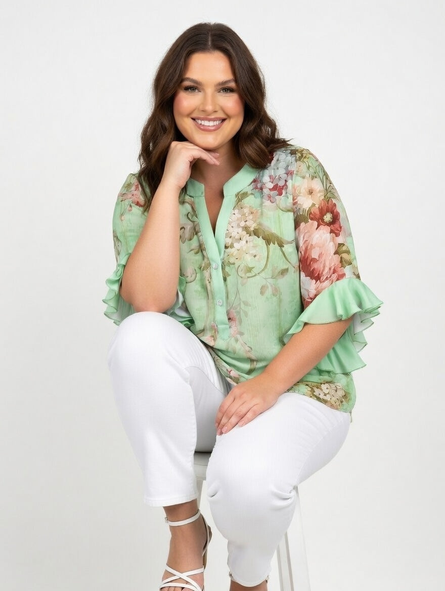 Mint Floral Chiffon Blouse – Plus Size Ruffled Sleeve V-Neck Top