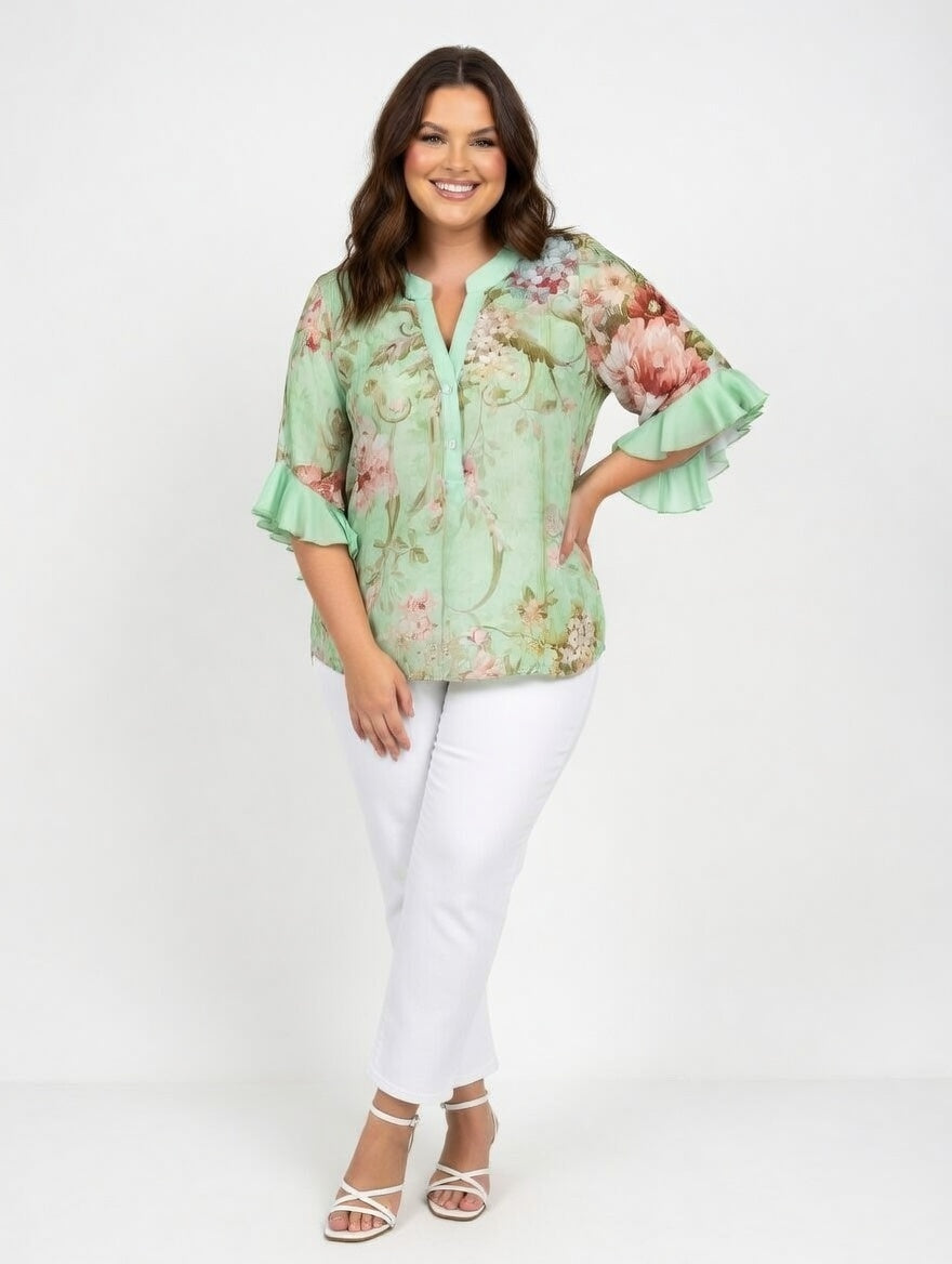 Mint Floral Chiffon Blouse – Plus Size Ruffled Sleeve V-Neck Top