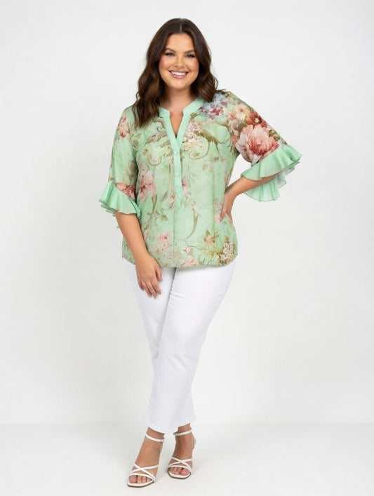 Mint Floral Chiffon Blouse – Plus Size Ruffled Sleeve V-Neck Top