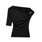 Black one-shoulder top with three-quarter sleeve and buckle detail spring fashion tops for ladies