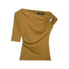 Olive green one-shoulder top with sleeve and buckle detail spring fashion tops for ladies