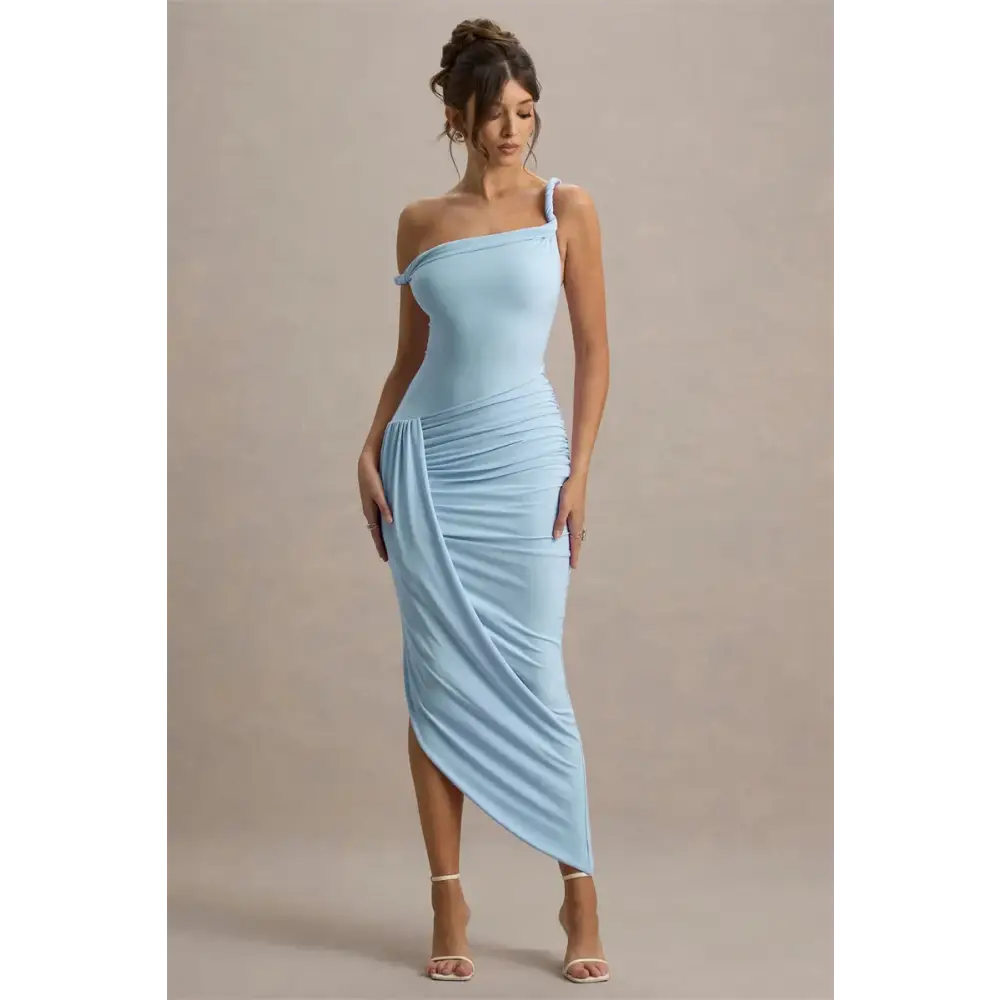 Mozision Irregular Backless Sexy Maxi Dress For Women Blue One-shoulder Sleeveless Draped Ruched Bodycon Club Party
