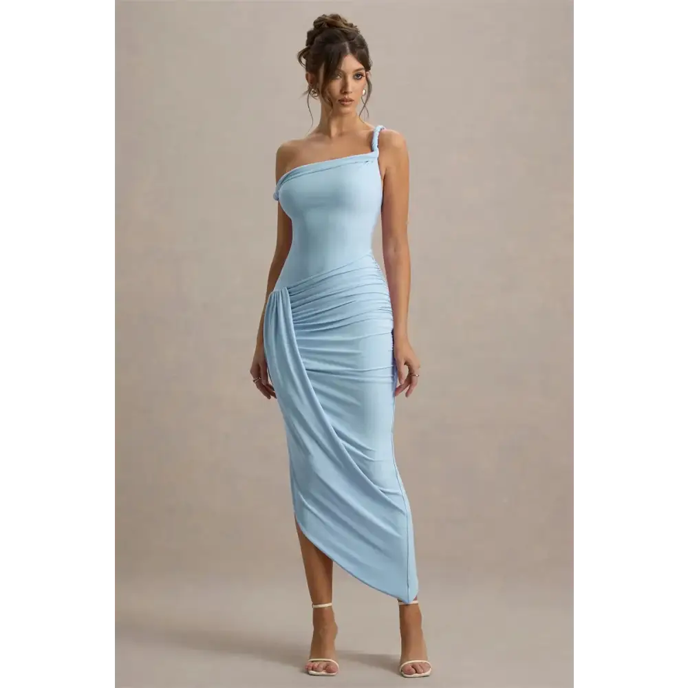 Mozision Irregular Backless Sexy Maxi Dress For Women Blue One-shoulder Sleeveless Draped Ruched Bodycon Club Party