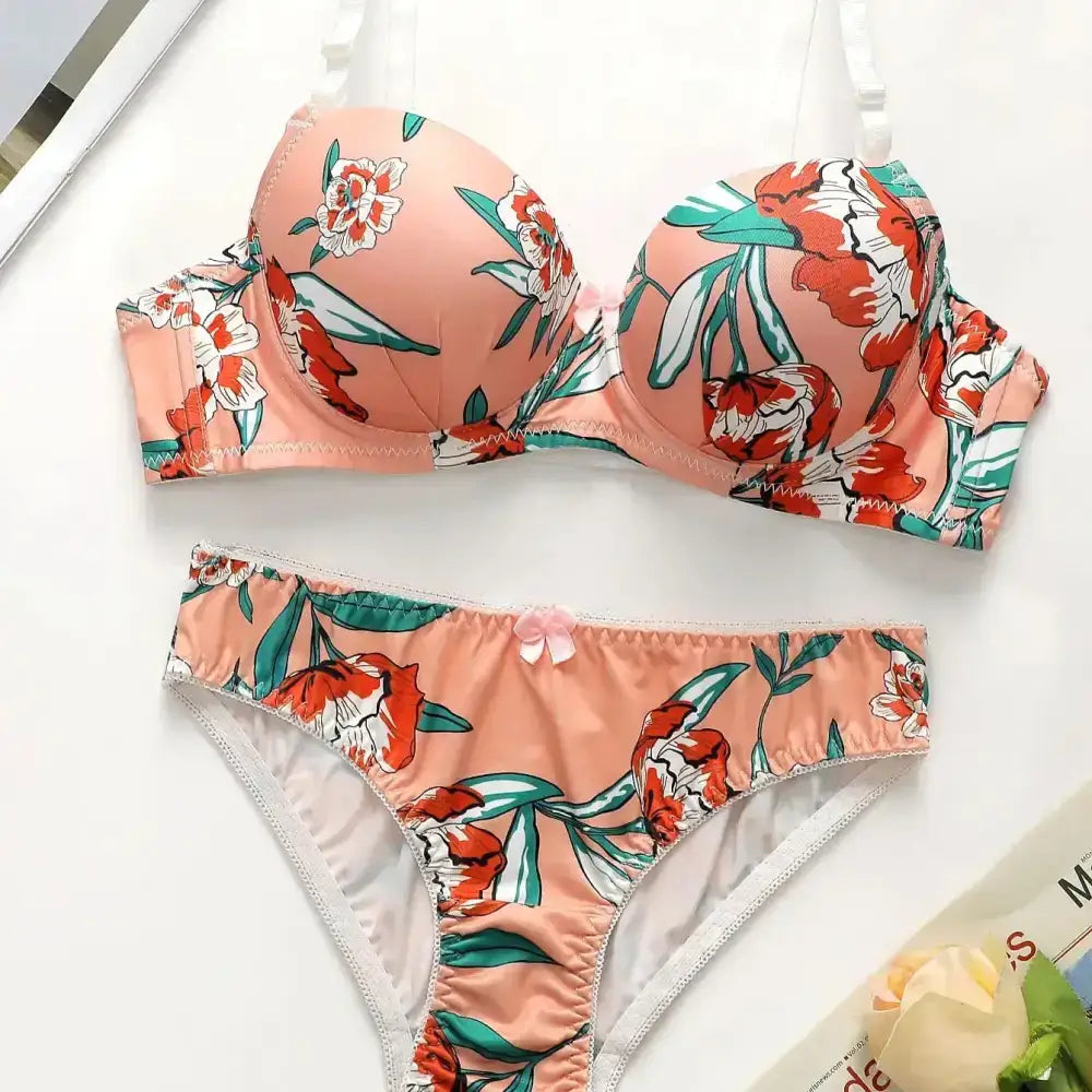 Island vacation bra and panty set in peach with floral print from The Lady's Haven Boutique