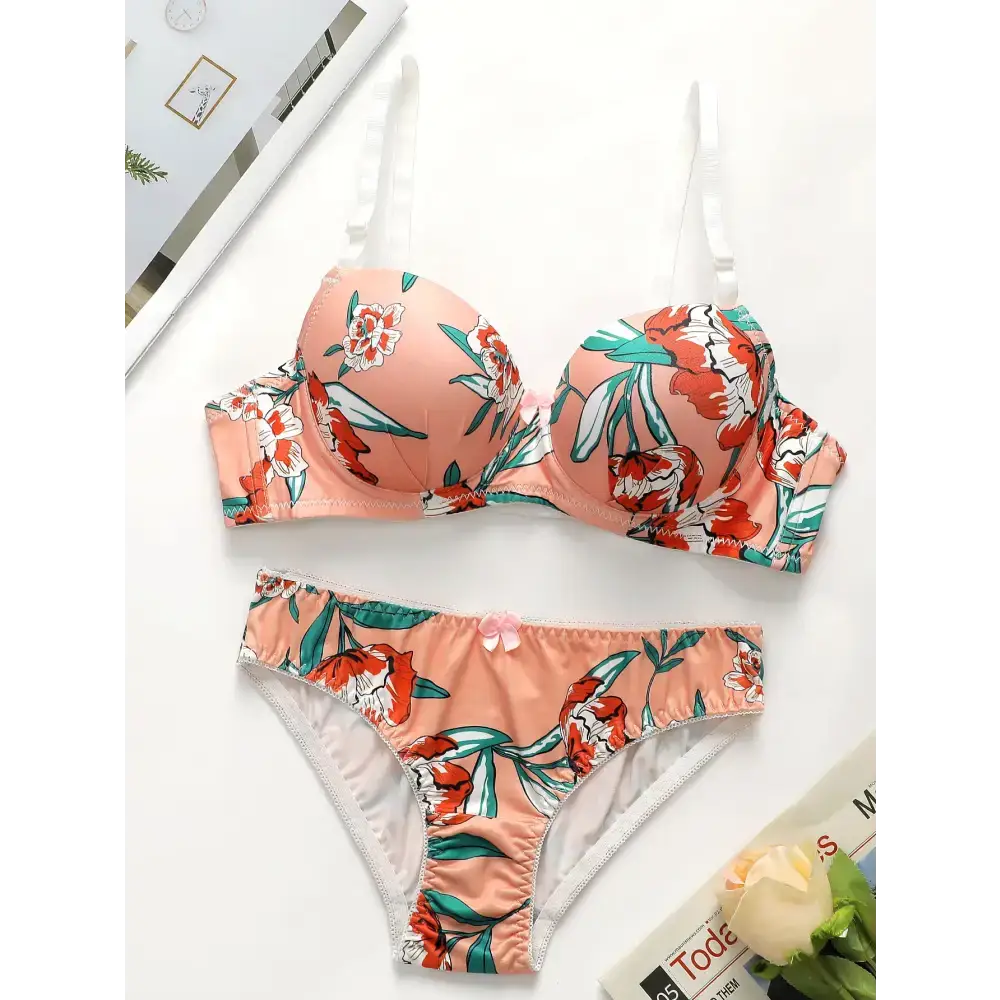 Island vacation bra and panty set with floral print in peach and green colors from The Lady's Haven Boutique