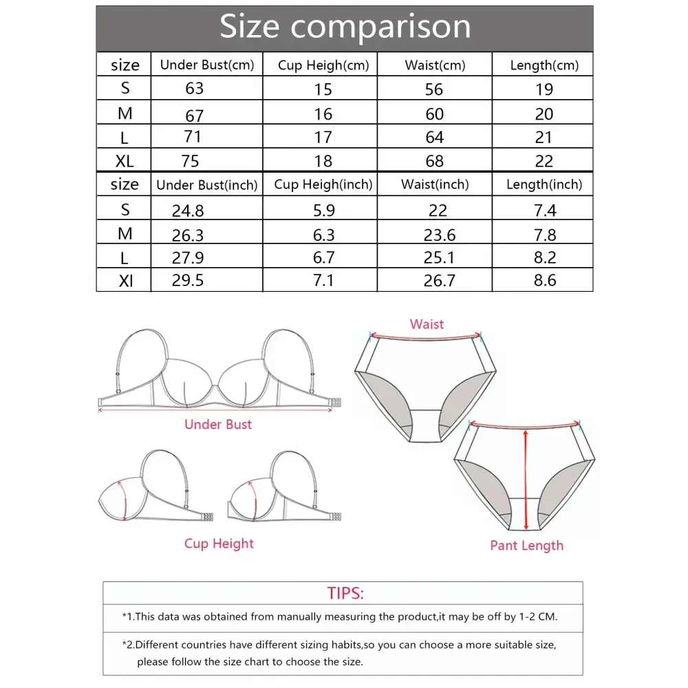 Size chart for island vacation bra and panty with measurements for under bust, cup height, waist, and pant length