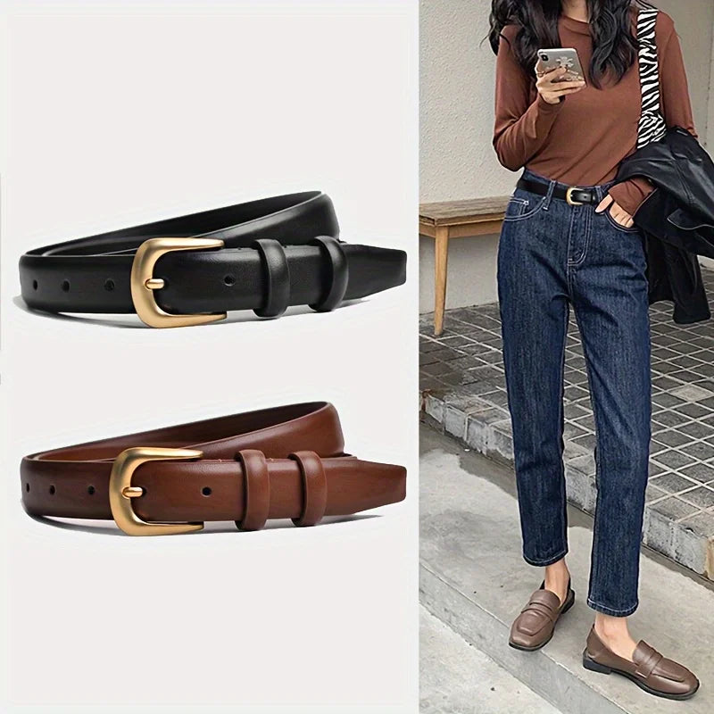 Black and brown jeans belt for women with gold buckle, perfect for casual and stylish looks