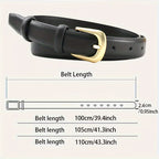 Black leather jeans belt for women with a gold buckle, available in multiple lengths