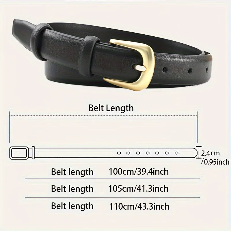 Black leather jeans belt for women with a gold buckle, available in multiple lengths