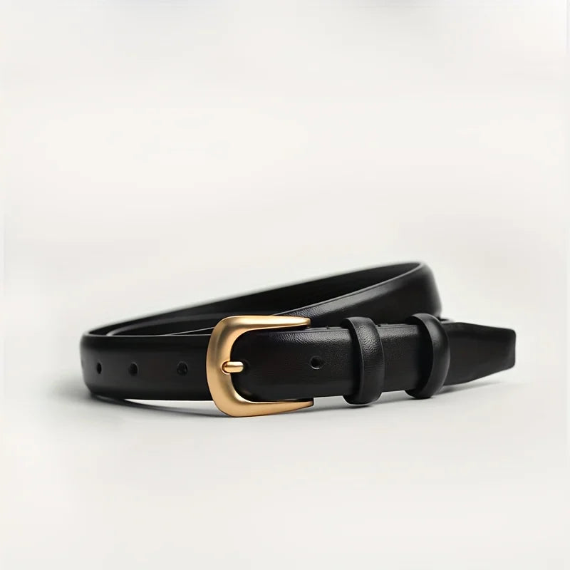 Stylish black jeans belt for women with a classic gold buckle for versatile outfits