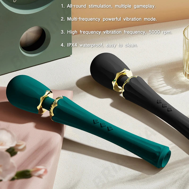 Magic Wand Massager Set dual pack in green and black with gold accents on table showing controls