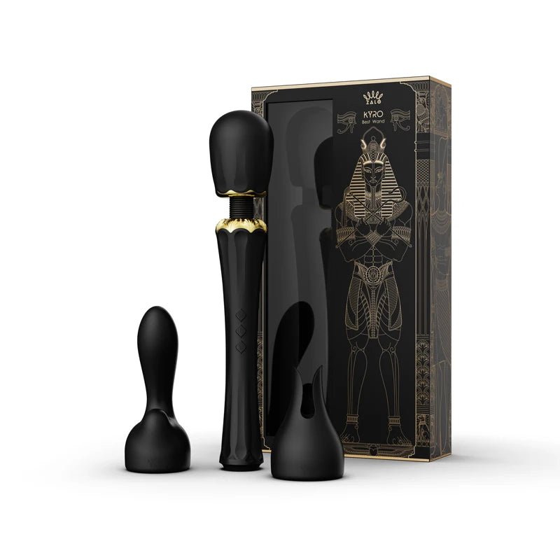 Black Magic Wand Massager Set with gold accents three interchangeable heads and decorative Egyptian themed box