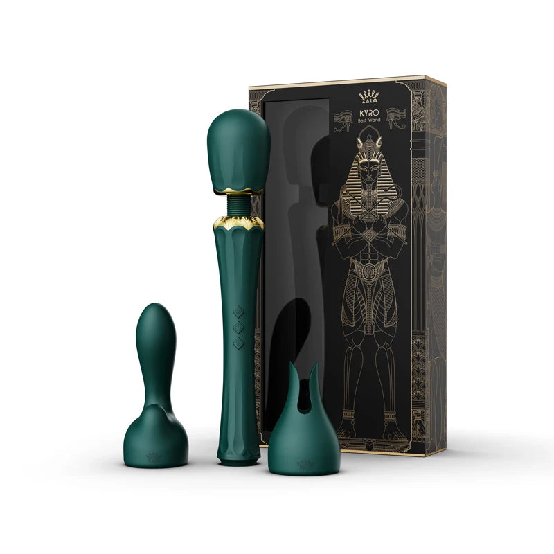 Emerald green Magic Wand Massager Set with three interchangeable heads gold accents Egyptian themed box for massage and relaxation
